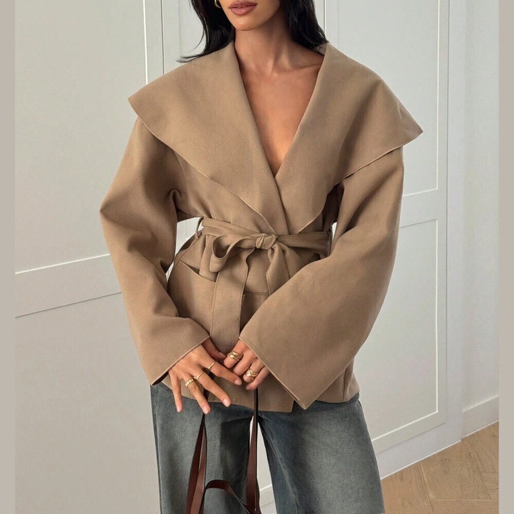 Tan Waterfall Collar Belted Wrap Coat - Picture 8 of 8